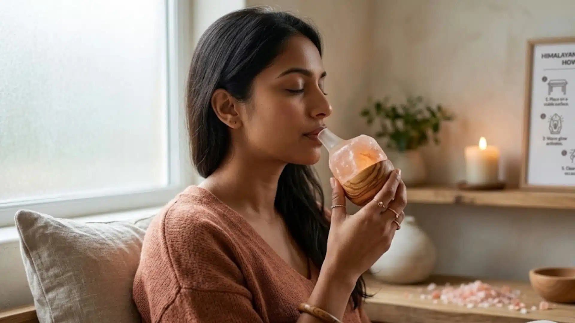 woman using a ceramic himalayan salt inhaler for respiratory wellness