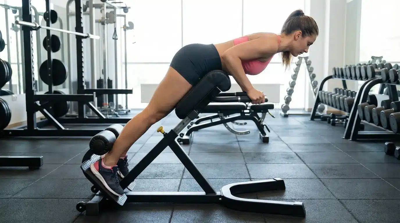 woman performing back extension on 45 degree roman chair in gym, neutral spine and controlled hip hinge position
