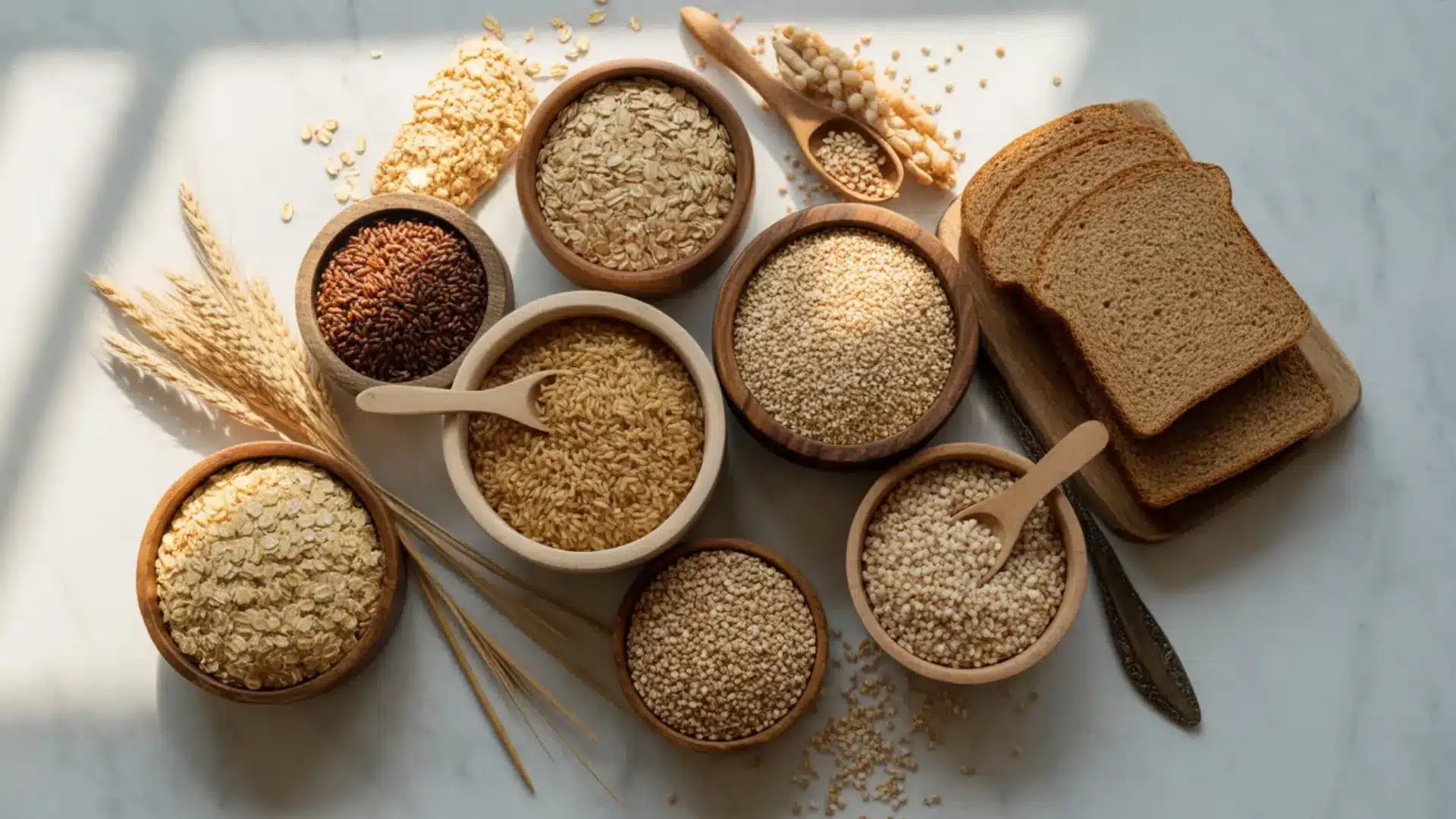 wooden bowls of whole grains like oatmeal, brown rice, quinoa, and whole-wheat bread on a white marble surface