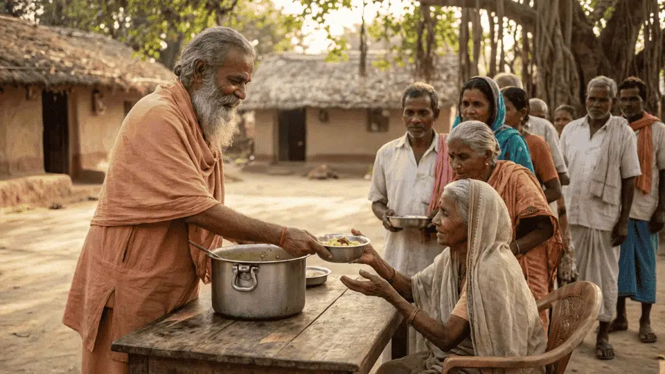 yogi in saffron robes serves food to villagers in a rural setting, showing compassion, humility, and selfless service