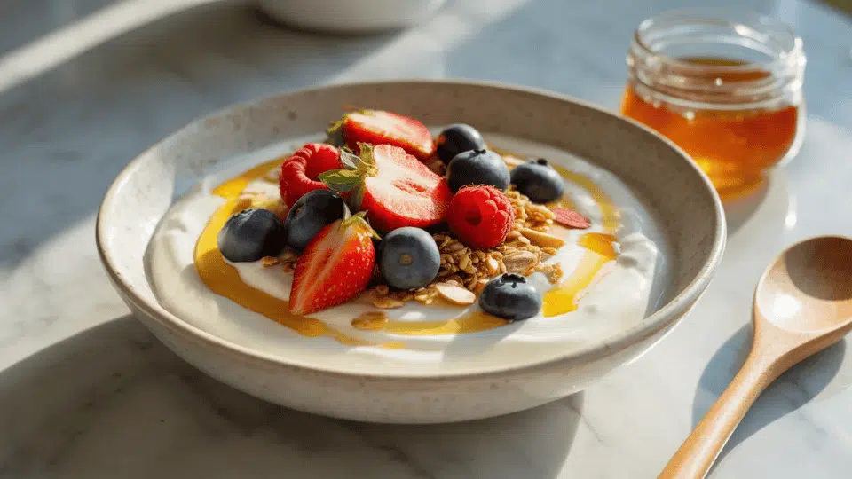 yogurt bowl topped with fresh berries including strawberries blueberries and raspberries
