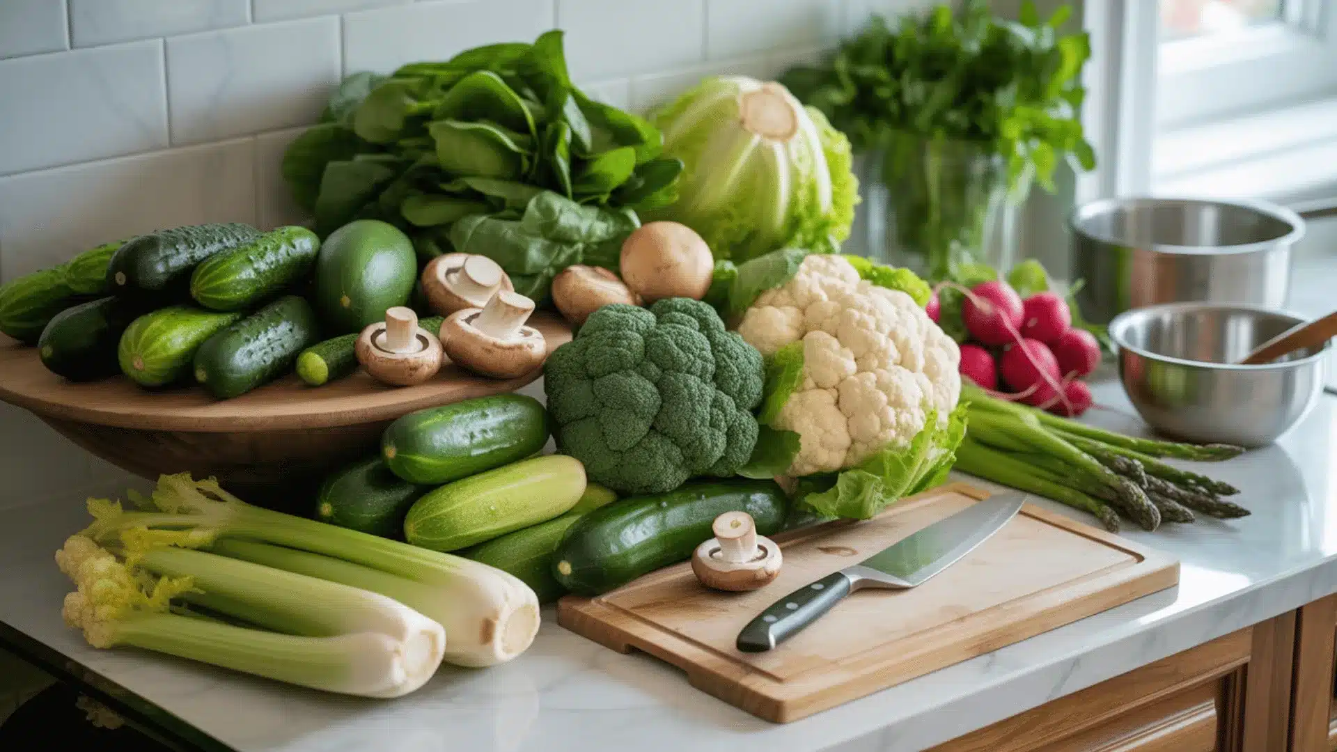 A vibrant kitchen counter with a variety of fresh, carb-free vegetables neatly arranged, ready to be chopped
