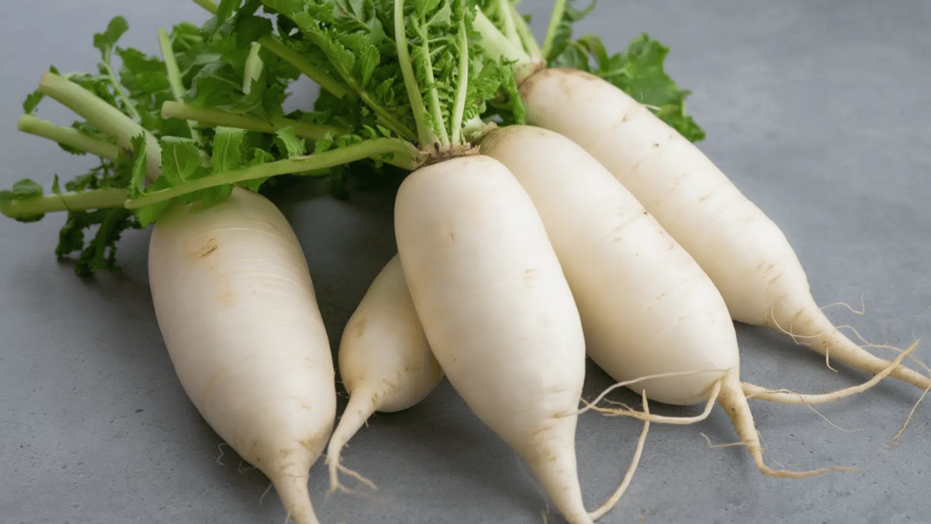 a close-up image of several daikon radishes with green tops, resting on a gray surface, showcasing their long, white roots