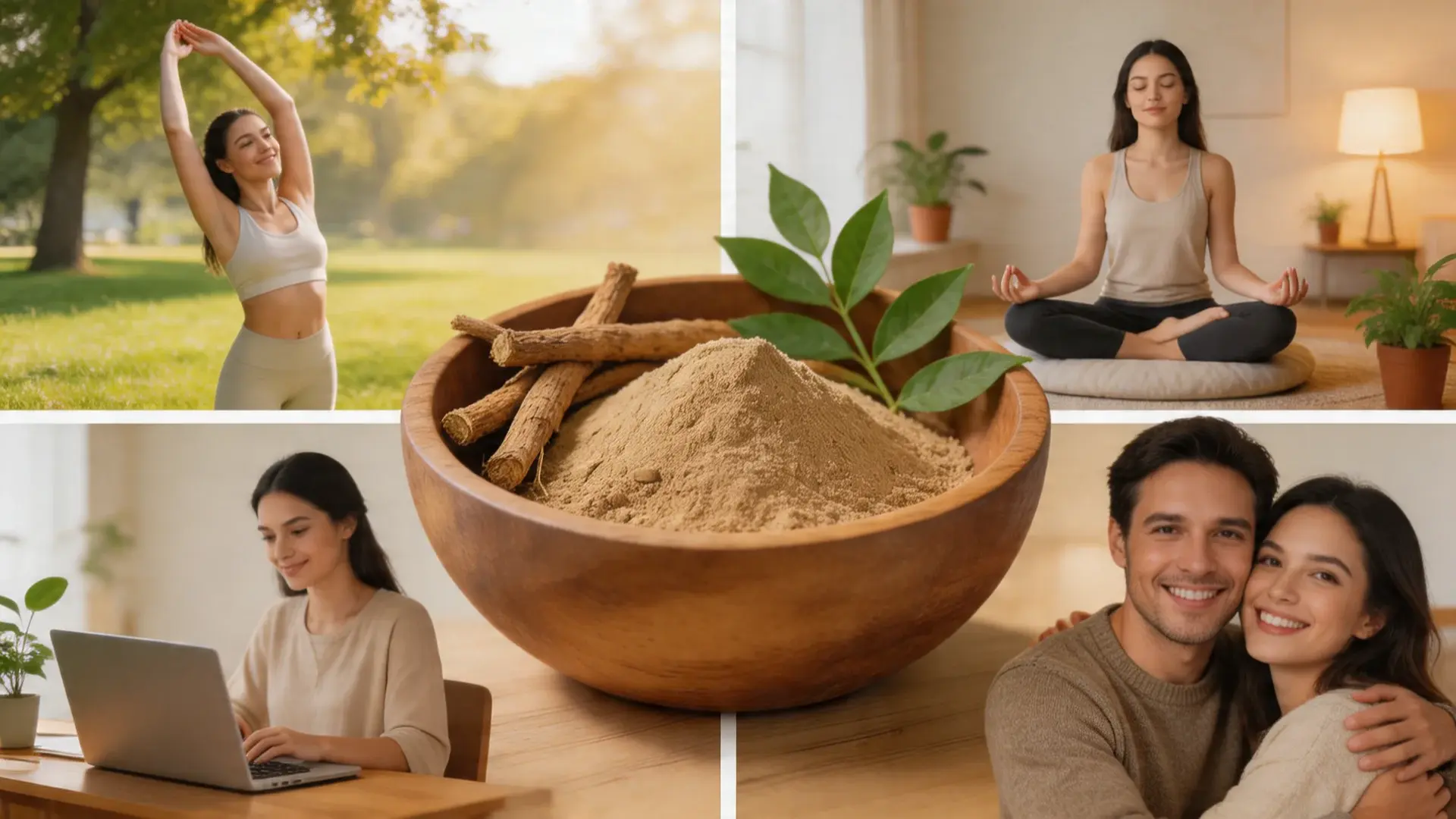 a collage showing ashwagandha powder with roots, a woman stretching, a person meditating, working, and a smiling couple