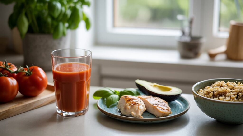 a glass of plain tomato juice with grilled chicken, quinoa, avocado, and fresh tomatoes on a kitchen counter (1)