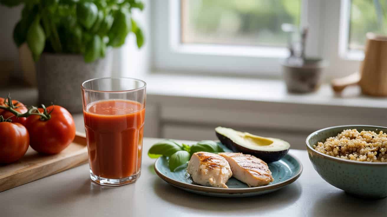a glass of plain tomato juice with grilled chicken, quinoa, avocado, and fresh tomatoes on a kitchen counter (1)