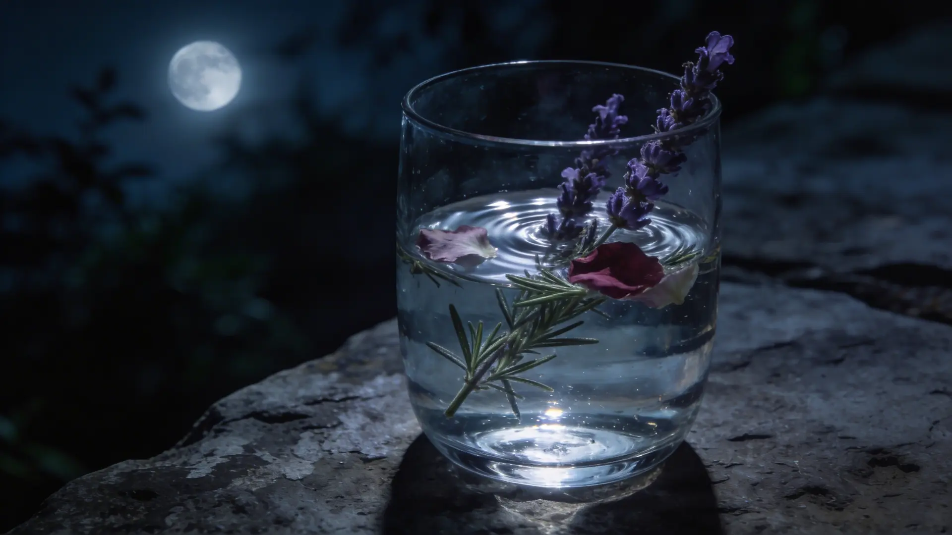 a glass of water with lavender and rosemary on a rock under a full moon for a night ritual and moon water preparation