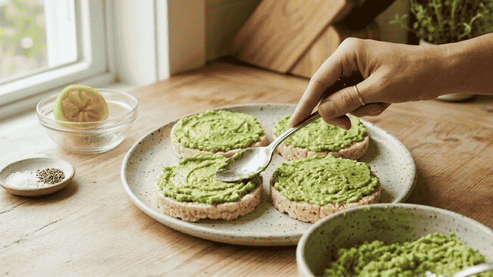 a hand using the back of a silver spoon to spread smooth mashed avocado onto crispy rice cakes