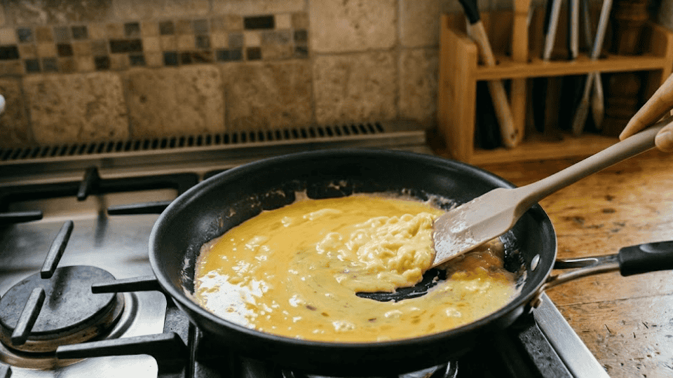 a hand with a spatula stirs creamy, partially set scrambled eggs in a non-stick pan