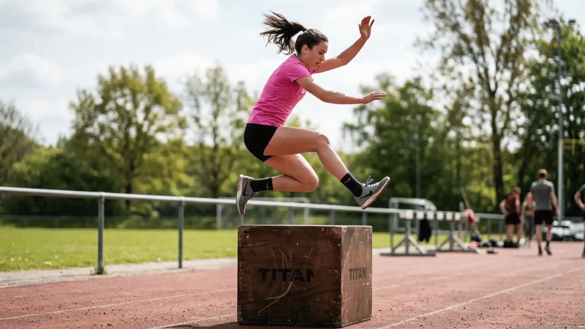 a high quality picture of women doing high jump in pink and black cloths