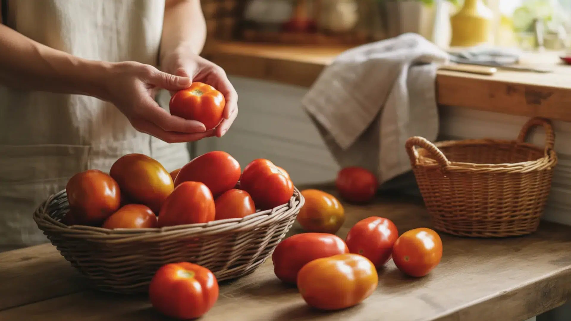 a person in an apron selects a Roma tomato from a wooden table filled with baskets of fresh tomatoes