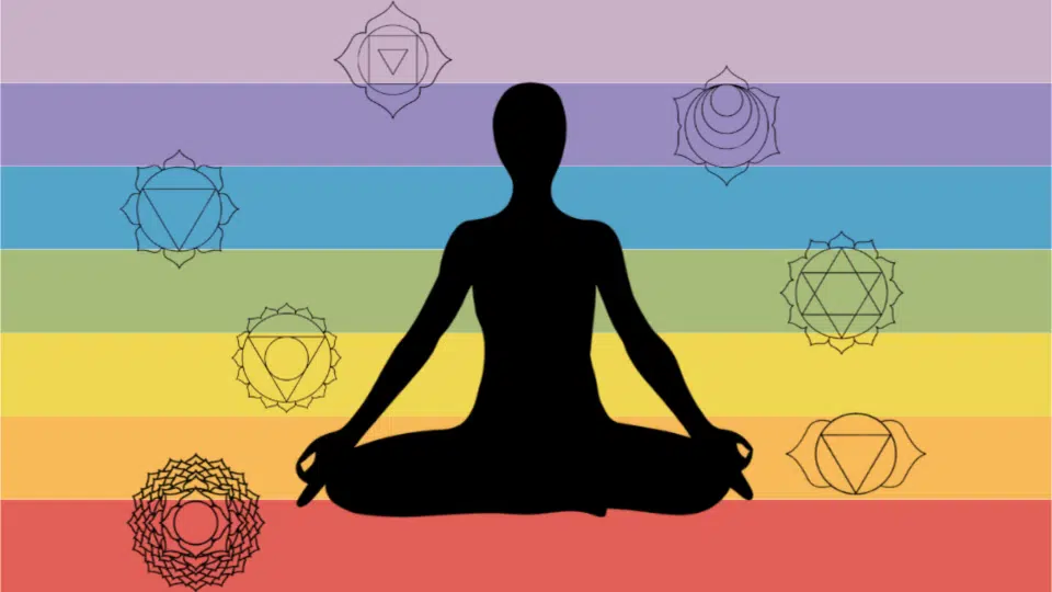 a person meditating in lotus pose with all seven chakra symbols arranged along the spine against a rainbow striped background