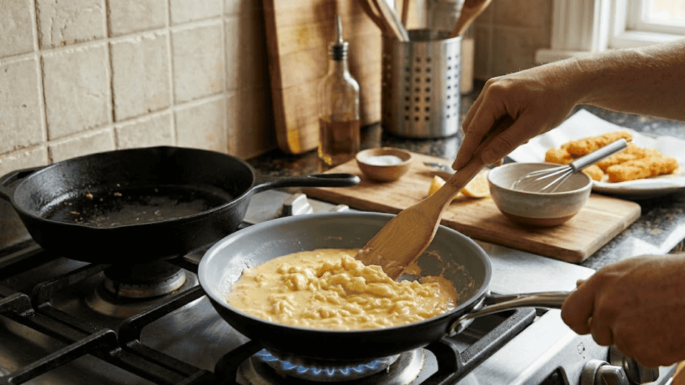 a person using a wooden spatula to scramble fluffy eggs in a pan on a stovetop