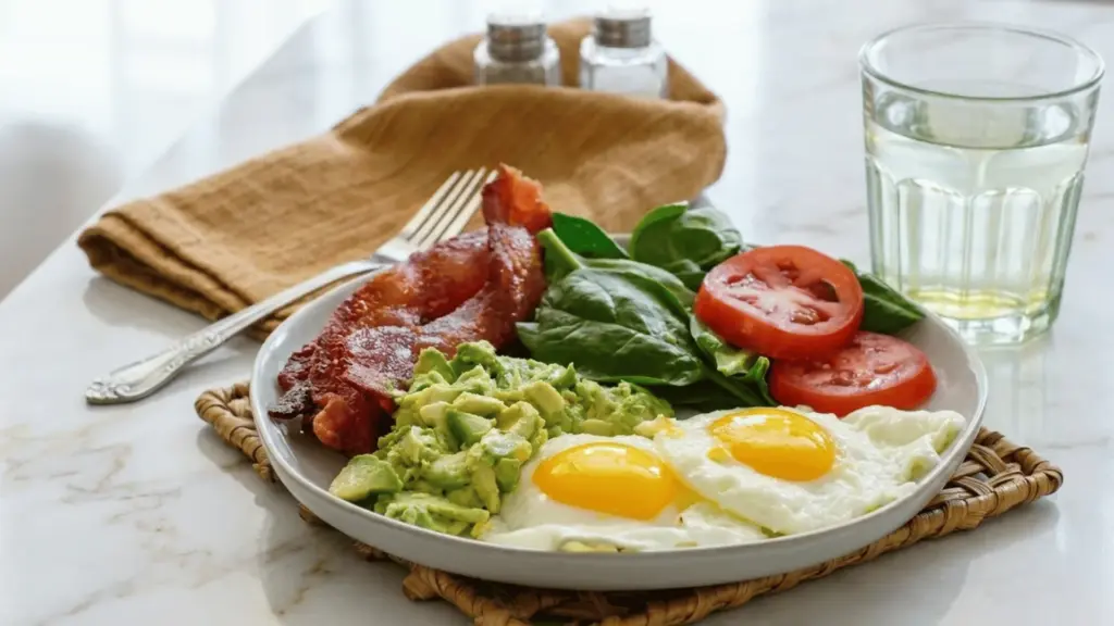 a plate with eggs tomato spinach meat and there is class of water with knife