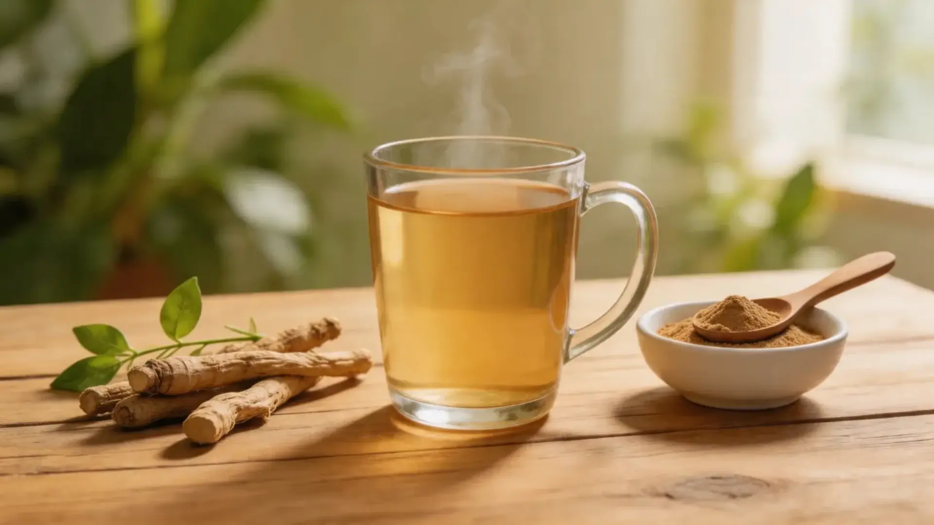 a steaming glass mug of ashwagandha tea with dried roots and a small bowl of ashwagandha powder on a wooden table