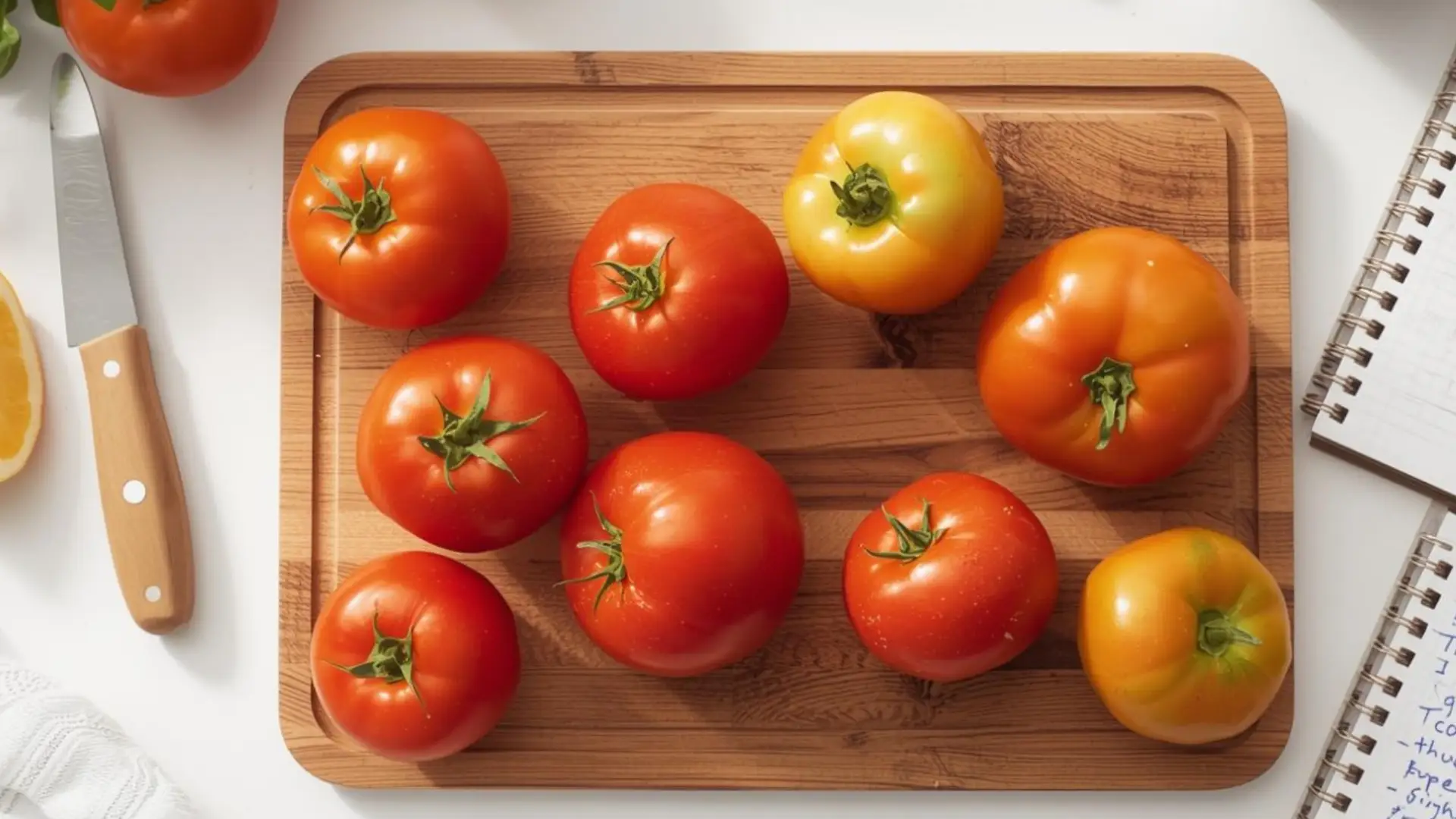 a variety of fresh tomatoes (cherry, Roma, and common tomatoes) on a wooden cutting board