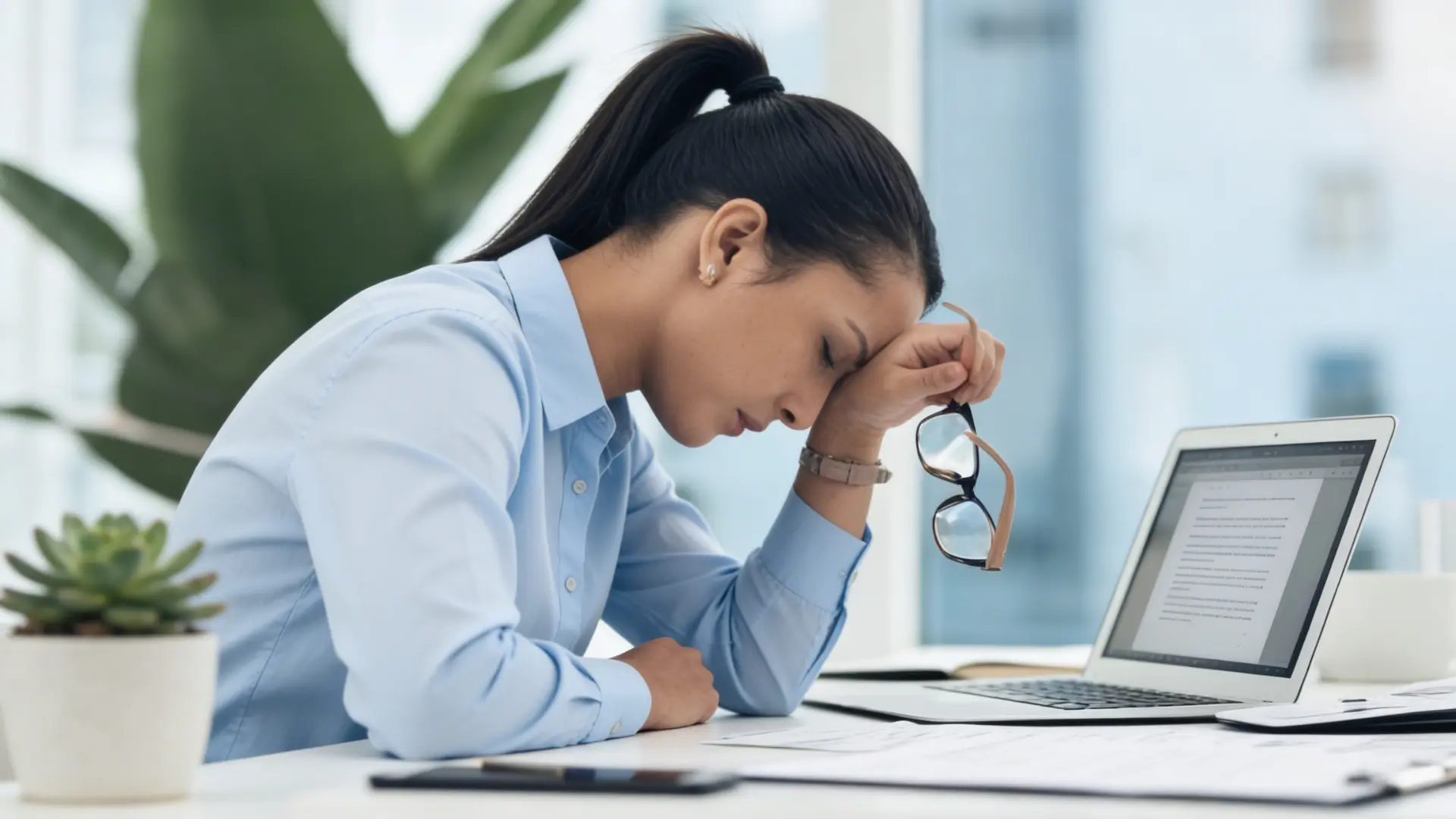 a woman in a blue shirt rests her head on her hand while holding glasses at a desk with a laptop looking stressed