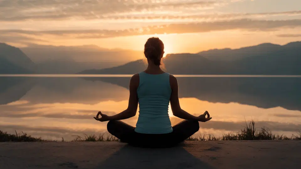 a woman meditating in lotus pose by a calm lake at sunrise with mountain silhouettes reflected in the still water