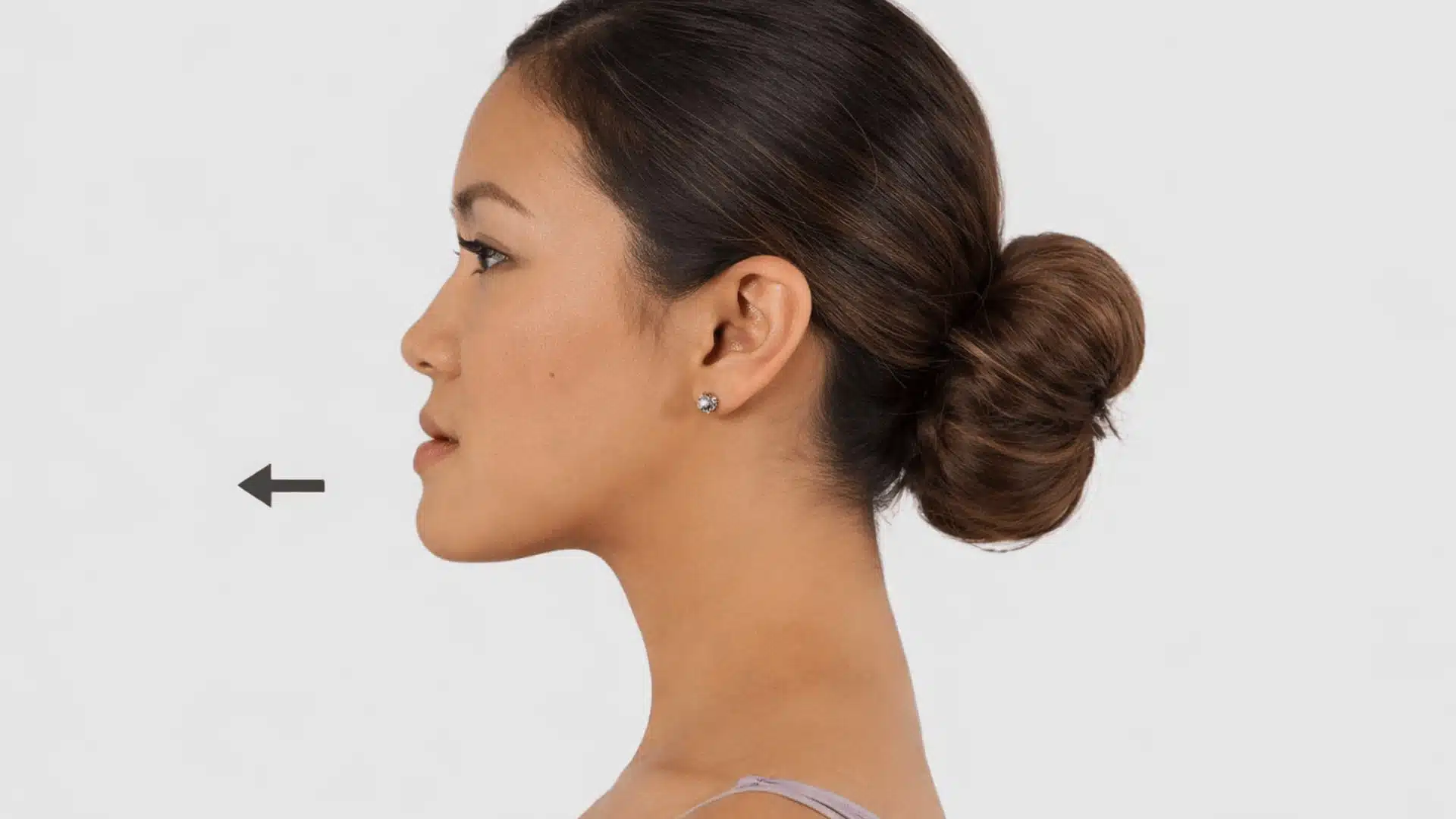 a woman performing the forward jaw movement exercise, with a directional arrow indicating the jaw's forward motion