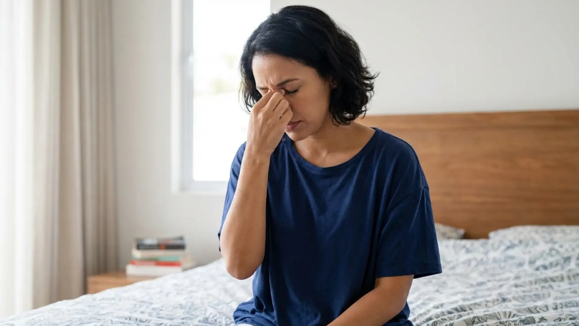a woman sits on a bed in a blue shirt with her eyes closed pinching the bridge of her nose appearing to have a headache