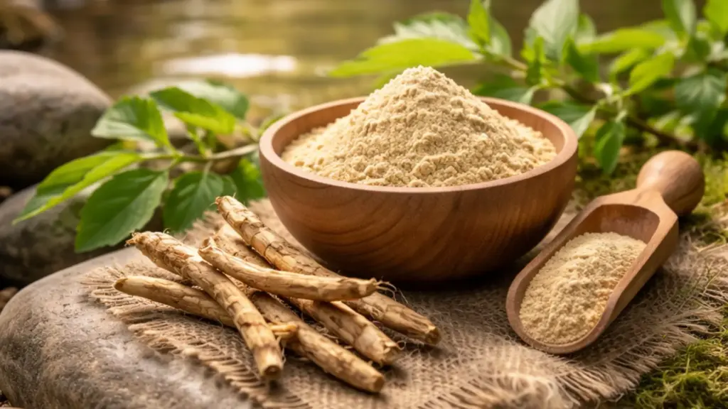 a wooden bowl of ashwagandha powder with dried roots and a wooden scoop placed on a stone surface with fresh leaves