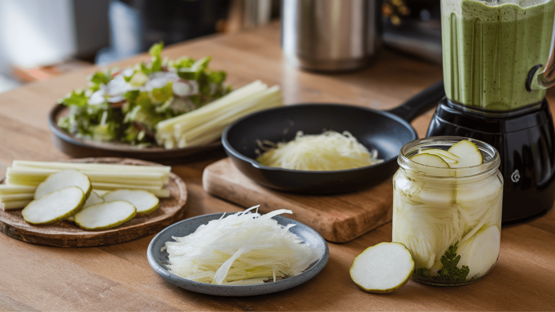 a wooden table with sliced daikon radish, a salad, pickled daikon in a jar, and a blender in the background