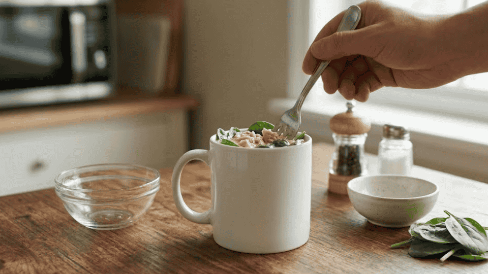 adding canned tuna and fresh baby spinach into the whisked egg mixture in the mug