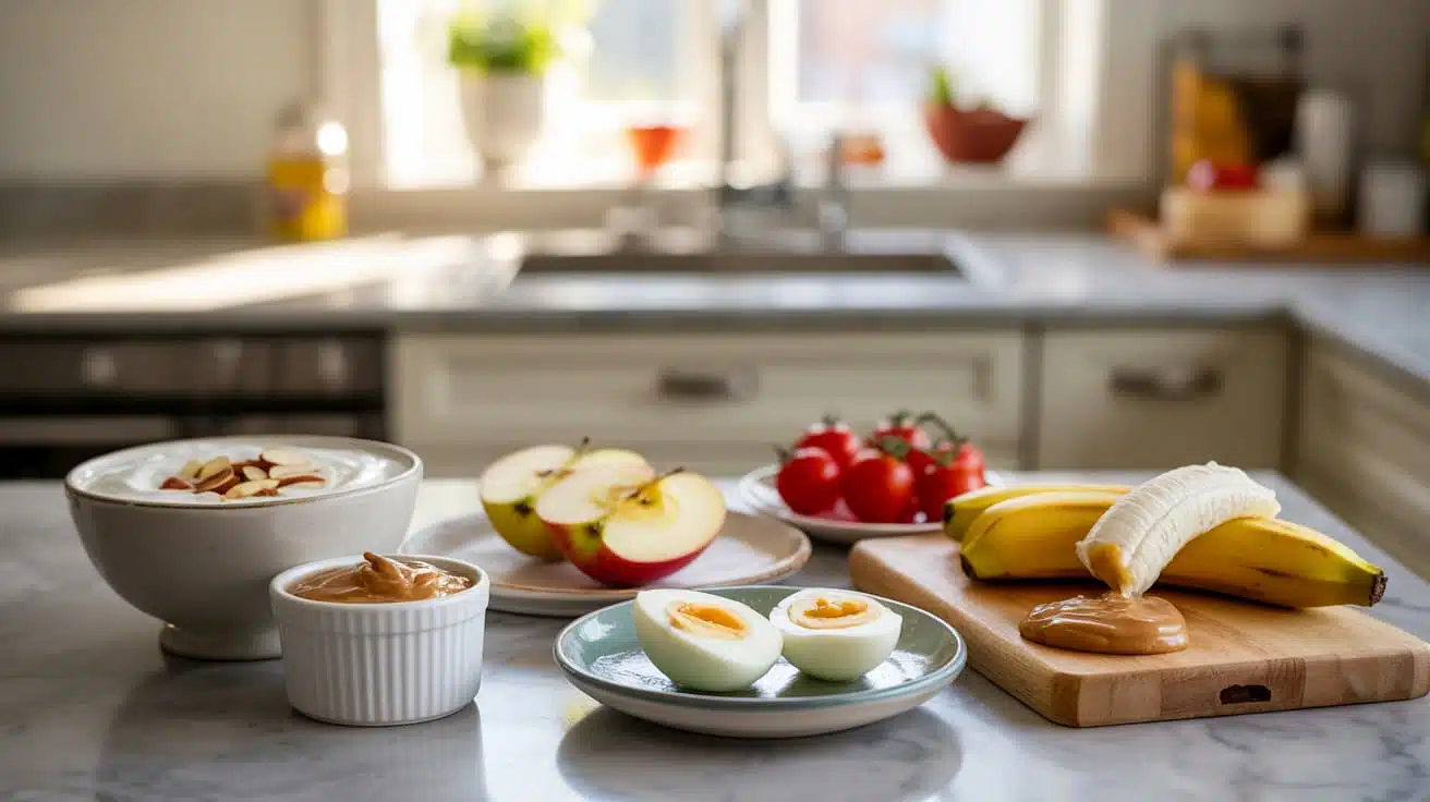 assorted small snack portions like yogurt, eggs, fruit, and nuts arranged on a clean kitchen counter