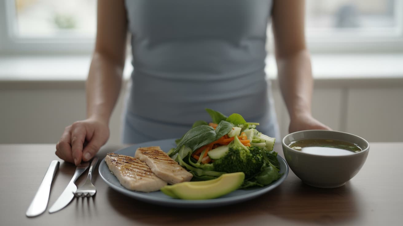balanced low calorie meal with lean protein, vegetables, and soup on a plate in a natural kitchen setting