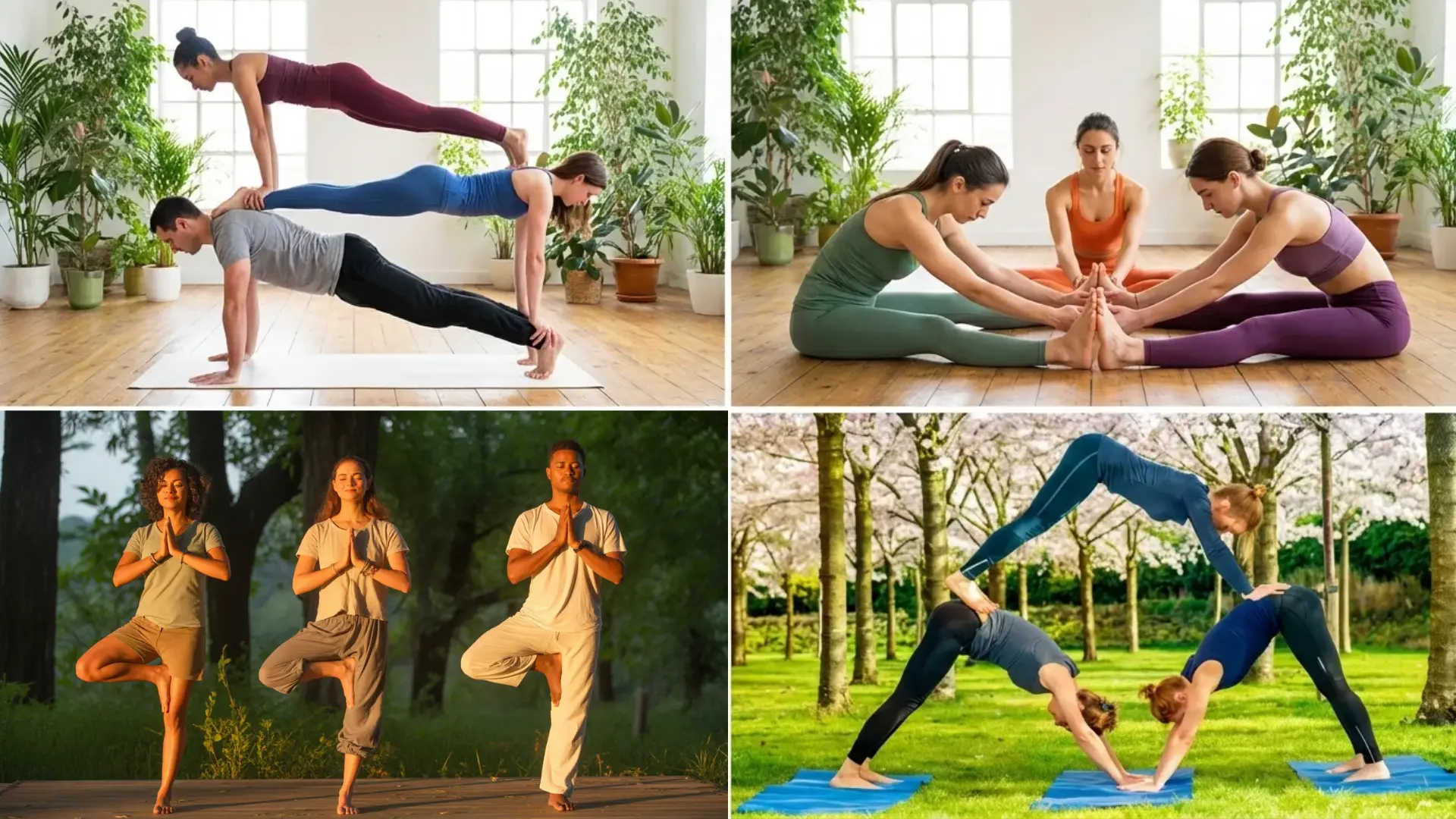 beginner trio yoga poses including indoor plank stacks seated stretches tree poses and outdoor downward dog formations