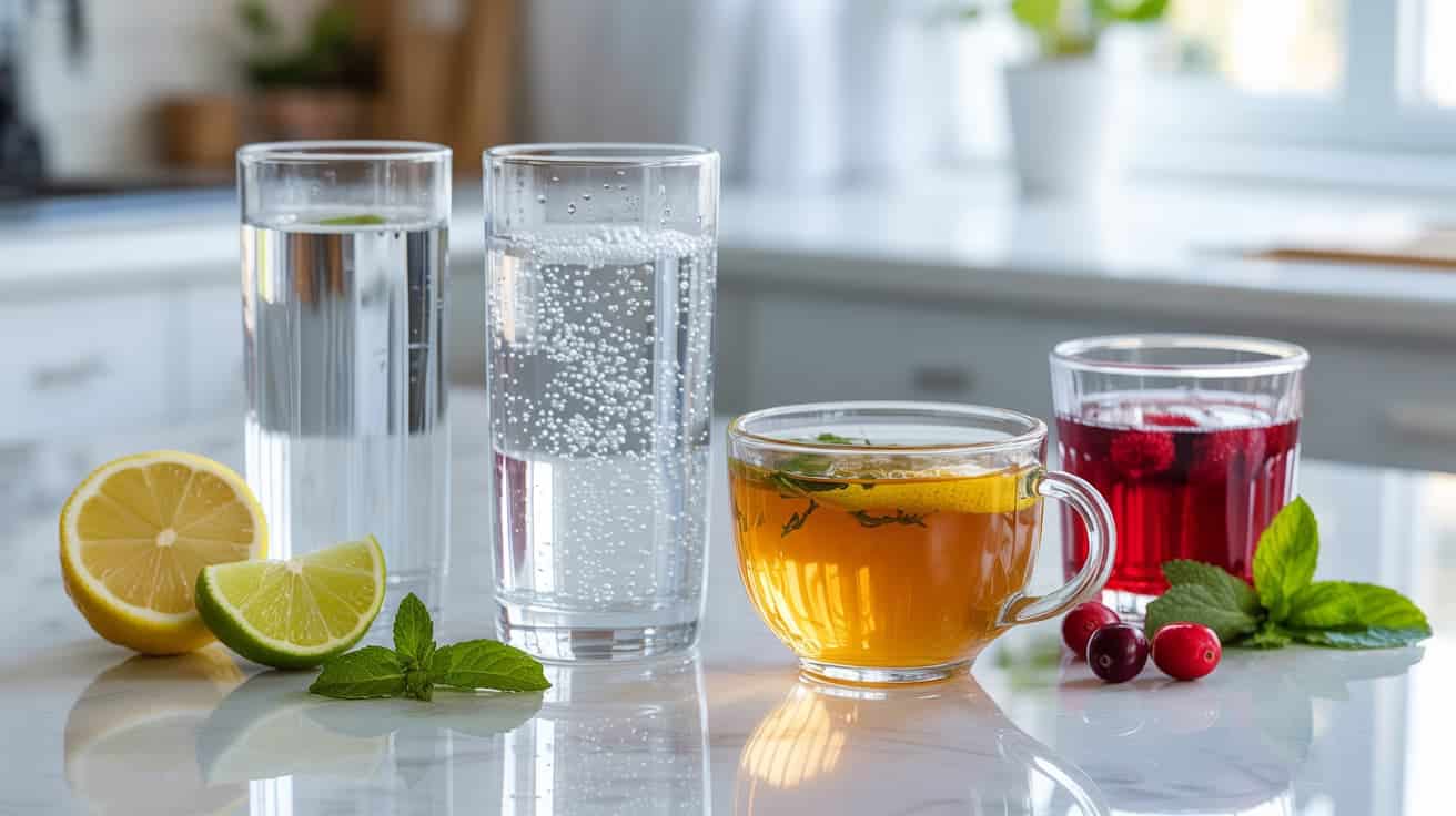 best drinks for kidney health, water, sparkling water, herbal tea, and unsweetened cranberry juice