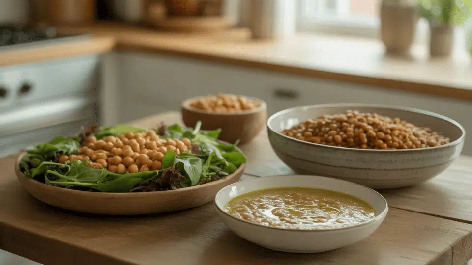 bowl of chickpea salad, lentils, and lentil soup on a wooden kitchen table in soft natural light