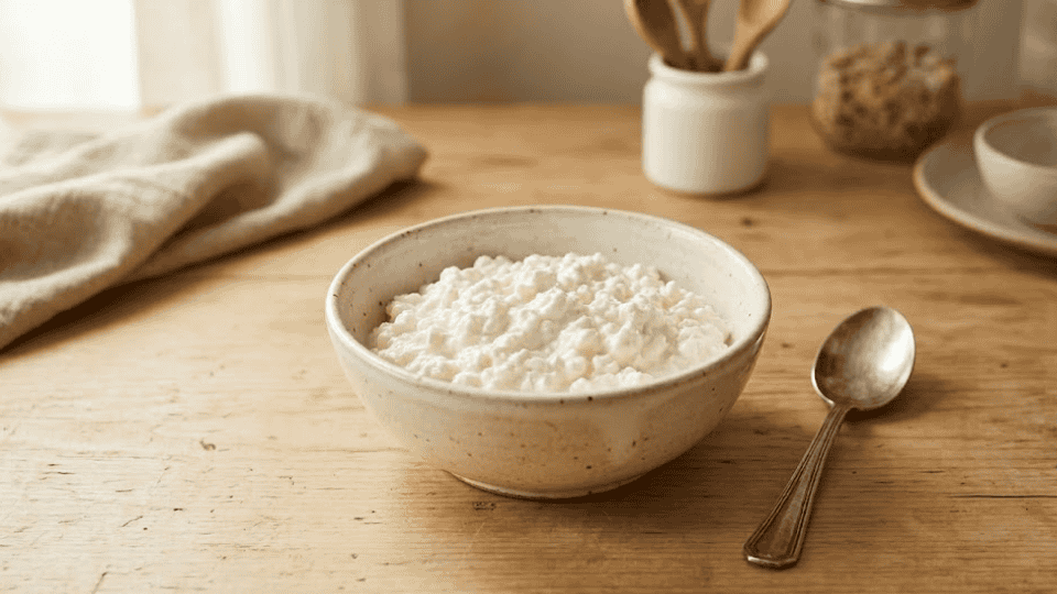 bowl of cottage cheese placed on a light wooden kitchen counter in a bright natural kitchen setting
