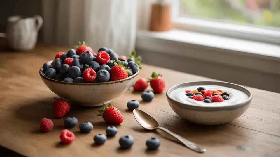 bowl of fresh blueberries, strawberries, and raspberries with yogurt on a wooden table by a sunny window