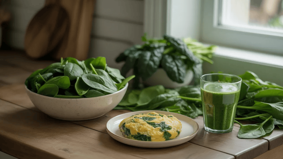 bowl of fresh spinach, spinach omelet, and green smoothie on a wooden table by a sunny kitchen window