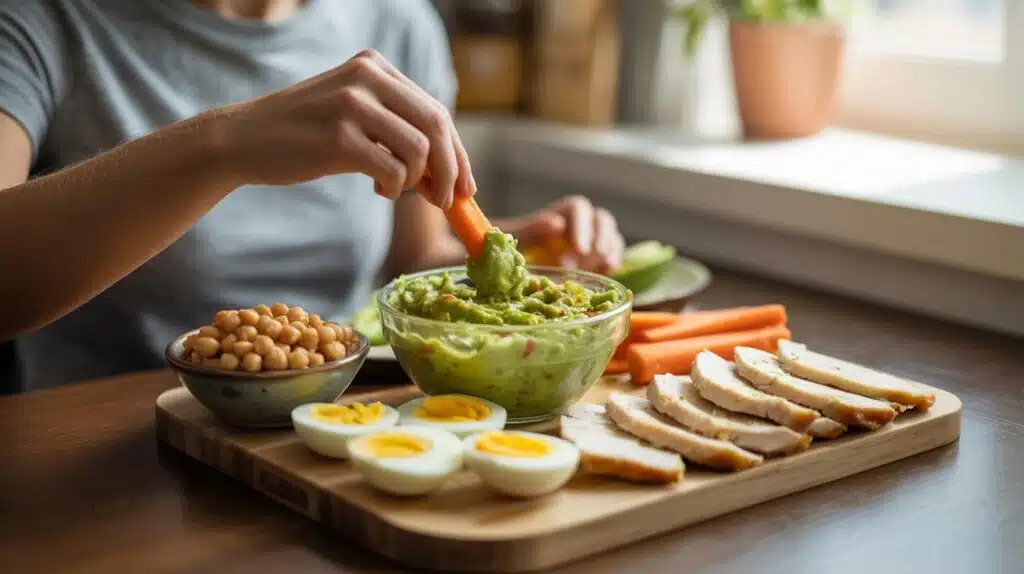 bowl of guacamole with eggs, chickpeas, and chicken on table, with hand dipping a veggie stick