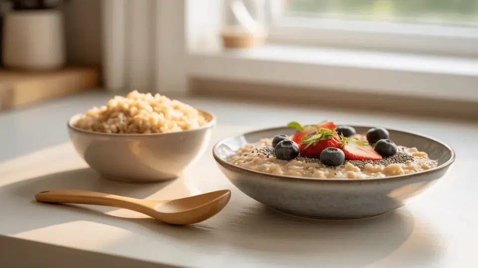 bowl of oatmeal topped with berries and seeds, with a bowl of brown rice and wooden spoon on a sunny table