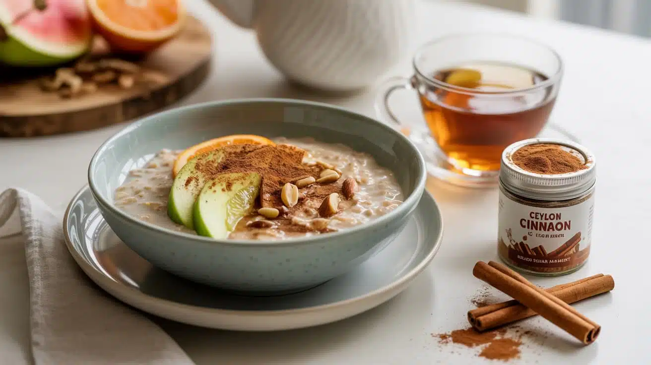 bowl of oatmeal with Ceylon cinnamon, fruit, and nuts on a kitchen counter with a jar of cinnamon nearby