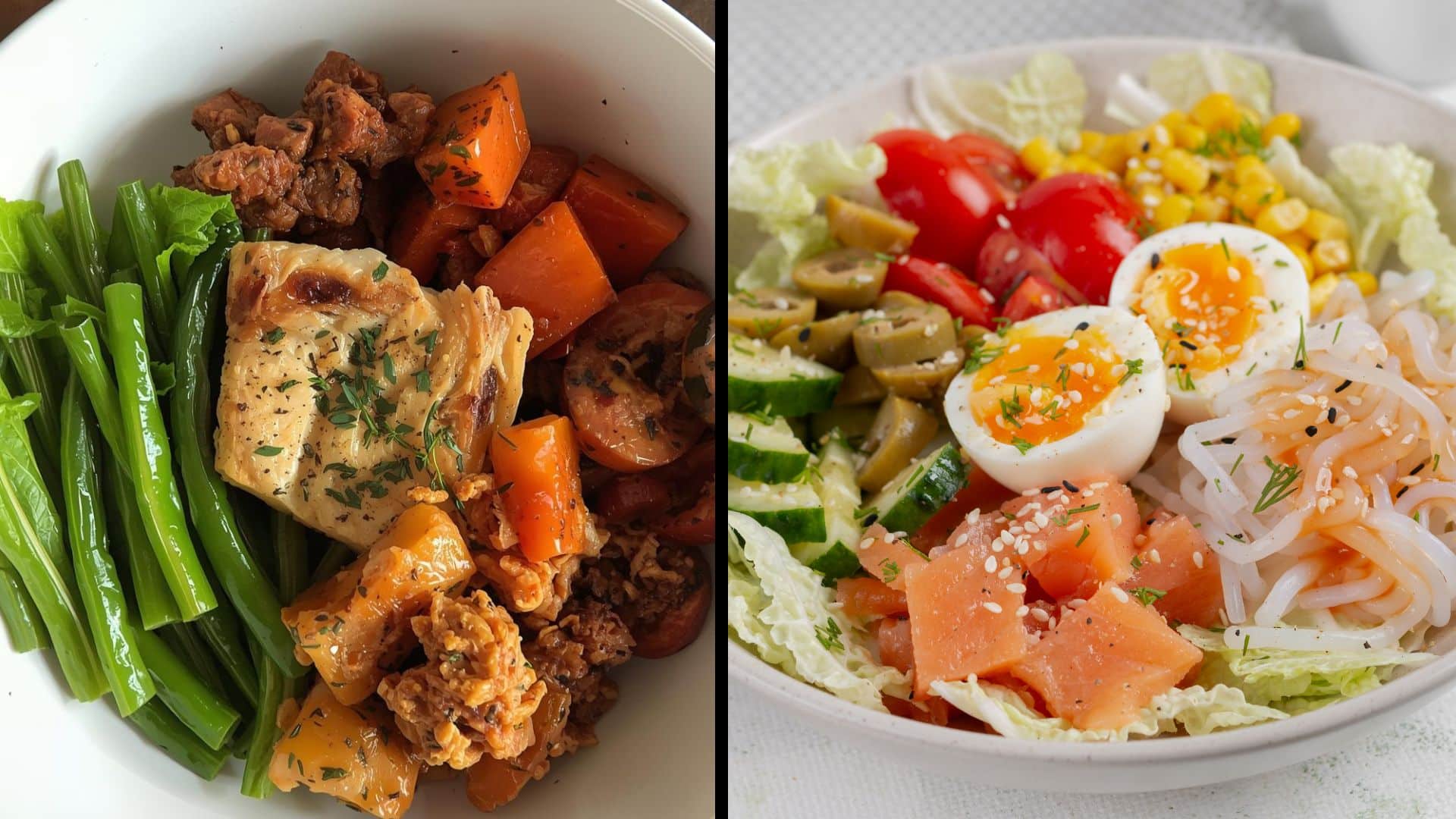 bowls featuring fresh, whole foods one with green beans and roasted vegetables, the other a salmon and egg salad