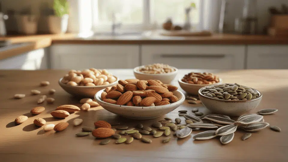 bowls of almonds, walnuts, pumpkin seeds, and sunflower seeds on a wooden table in a bright kitchen