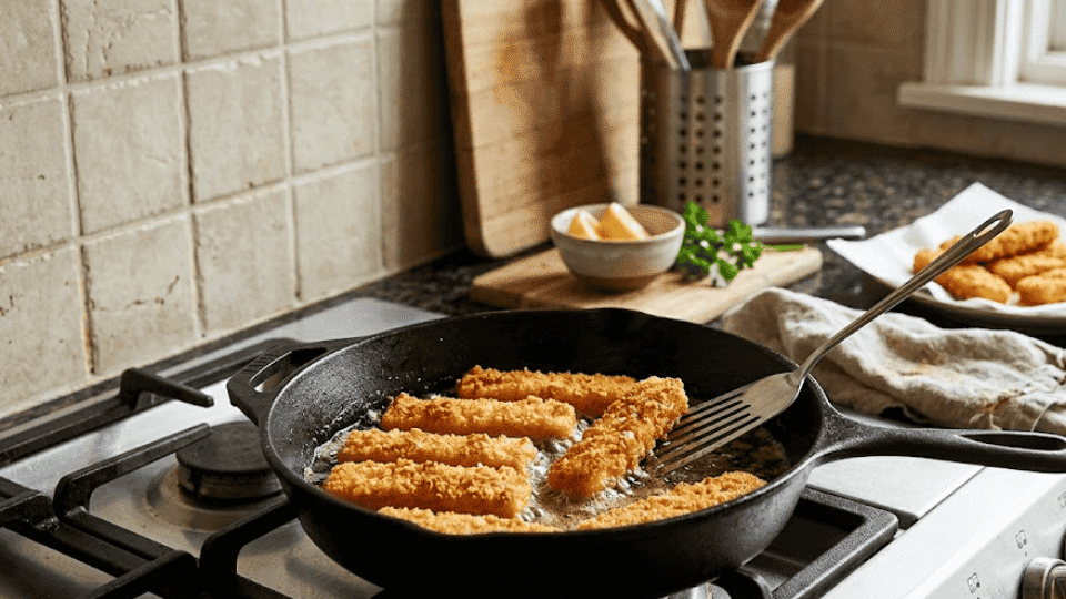 breaded fish sticks frying in a cast iron skillet on a gas stove in a bright kitchen