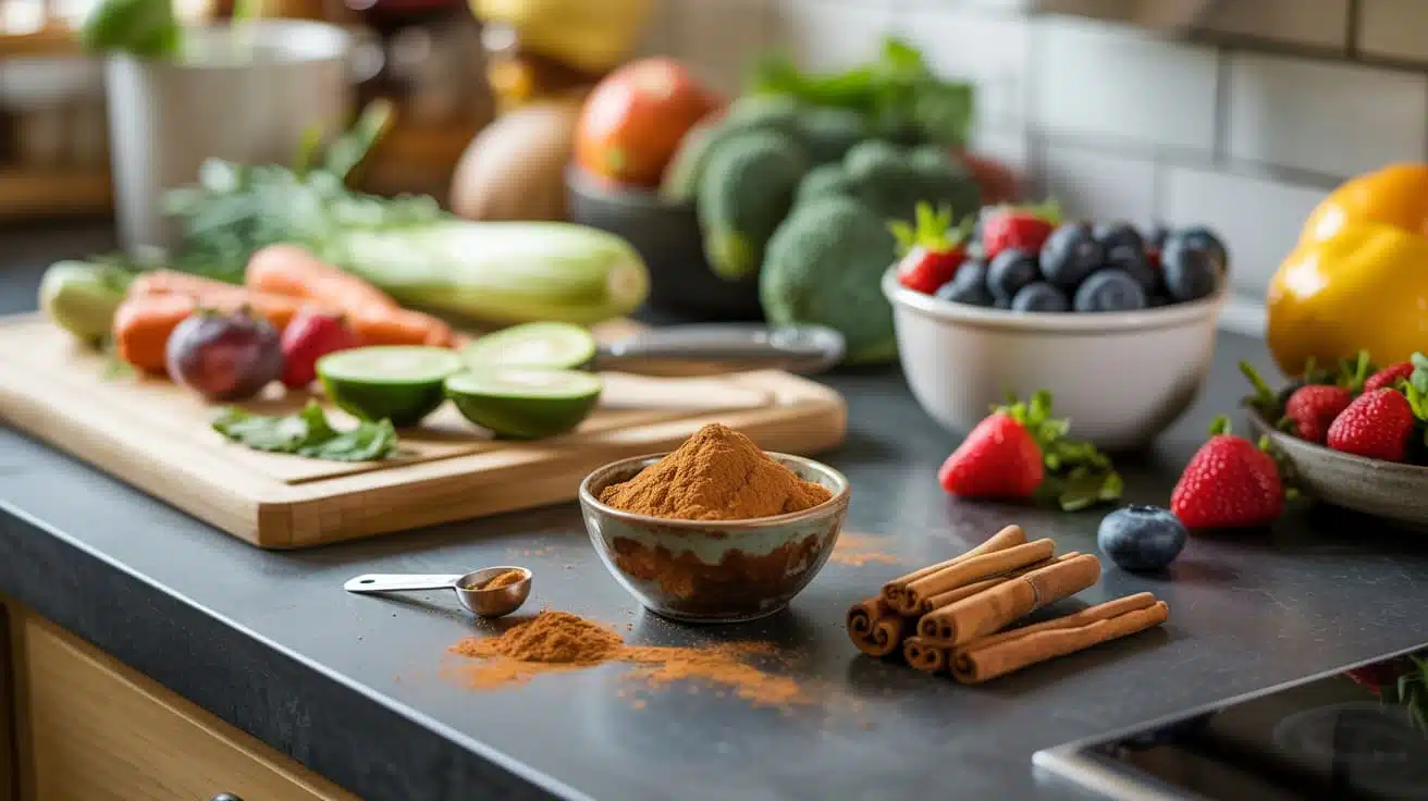 Ceylon cinnamon, fresh fruits, and vegetables on a kitchen counter for blood sugar-friendly meals