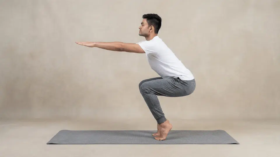 chair pose on toes heels lifted utkatasana variation strengthening calves ankles and core while maintaining steady balance