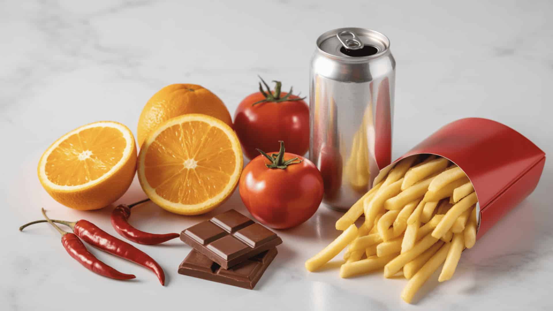citrus tomatoes soda chocolate chili peppers and fried food shown as common heartburn triggers