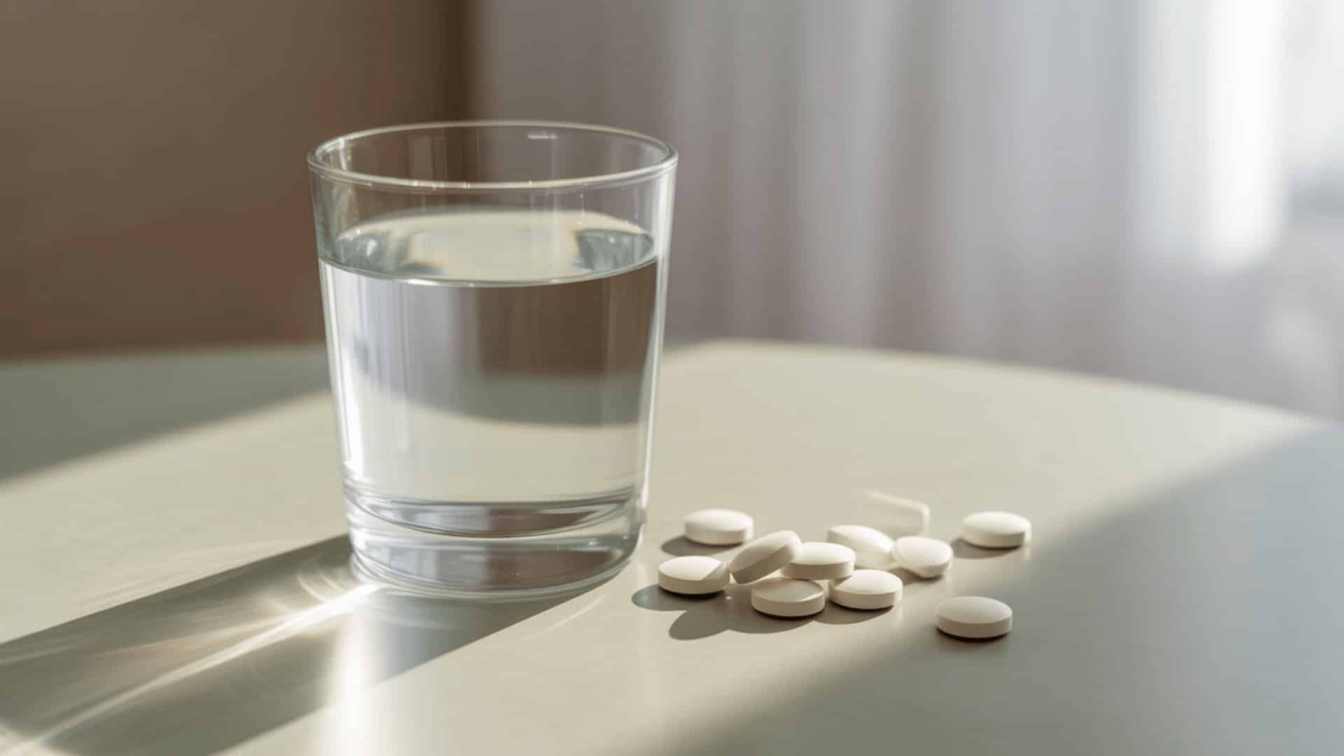 clear glass of water beside white antacid tablets on table in soft natural light setting