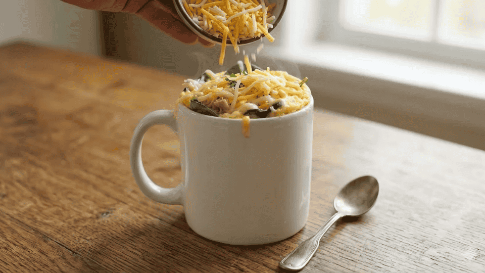 close up of fully cooked fluffy eggs in a mug garnished with melted bubbly cheese and herbs
