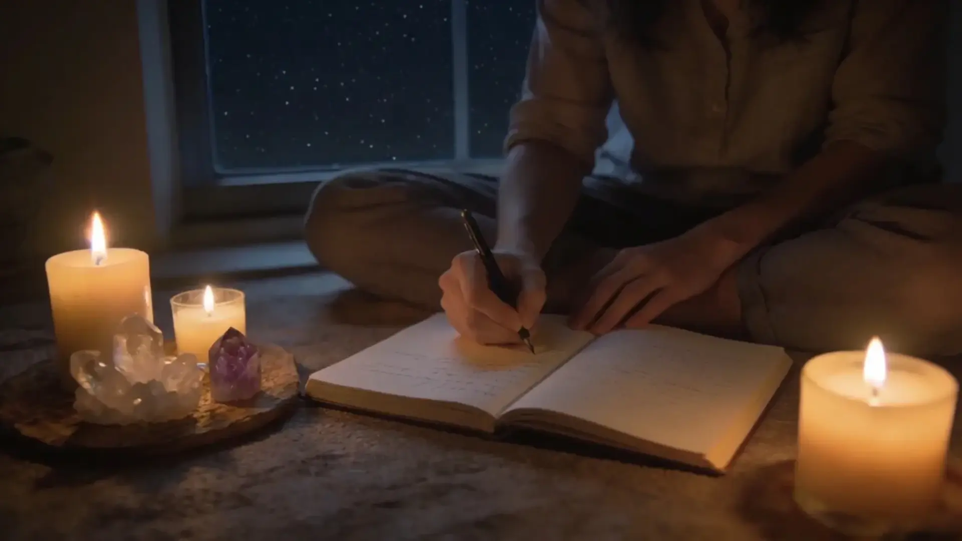 close-up of hands journaling by candlelight and crystals for a full moon ritual to release negative energy at night