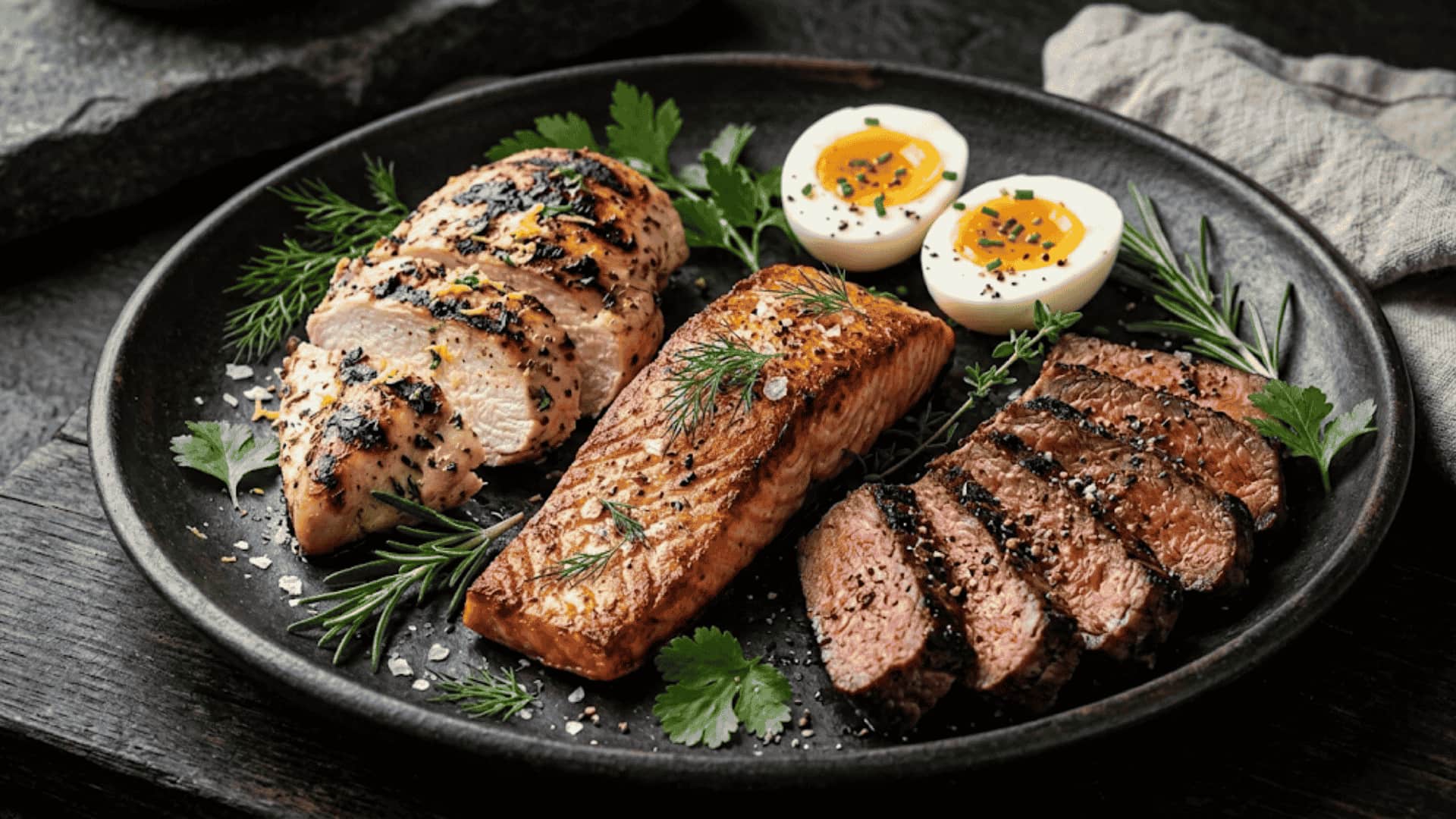 close-up of sibo-friendly protein foods including grilled chicken, salmon, eggs and beef on dark ceramic plate