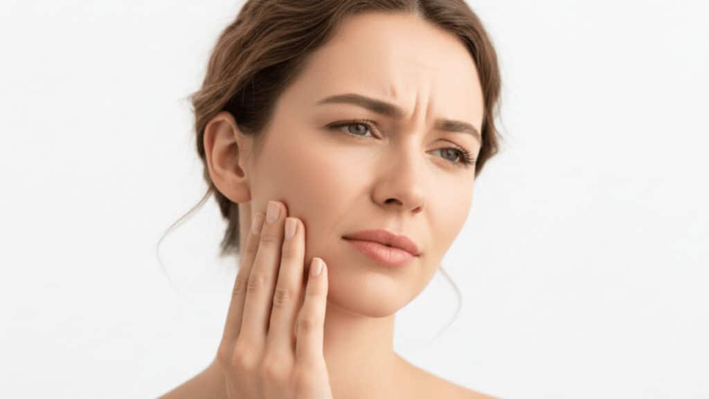 close-up photorealistic image of a woman in her 30s pressing her jaw in pain against a white background
