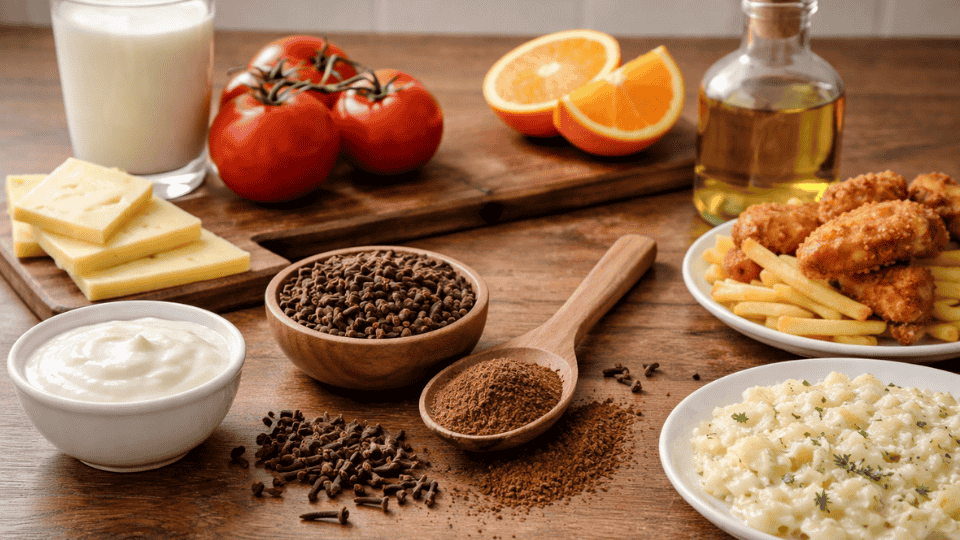 cloves with milk, cheese, tomatoes, oranges, fried food, and creamy dishes on a wooden kitchen counter showing food combinations to avoid